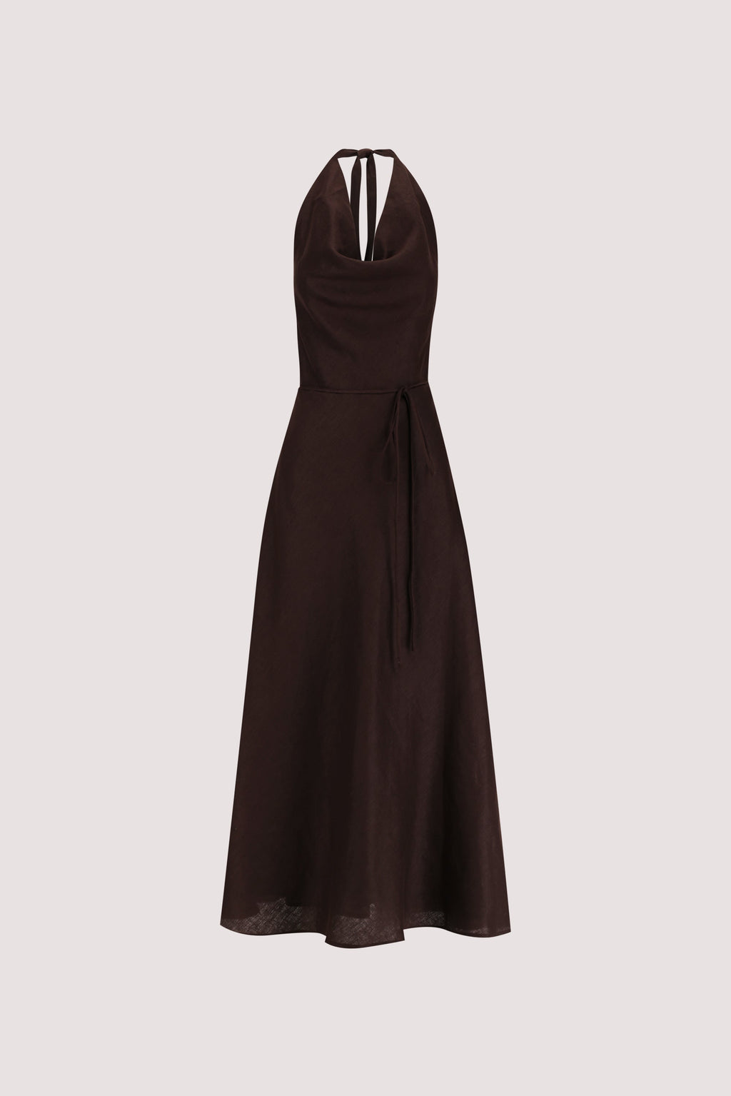 HAYLEE BURNT CHOC SLEEVELESS LINEN COWL MIDI DRESS