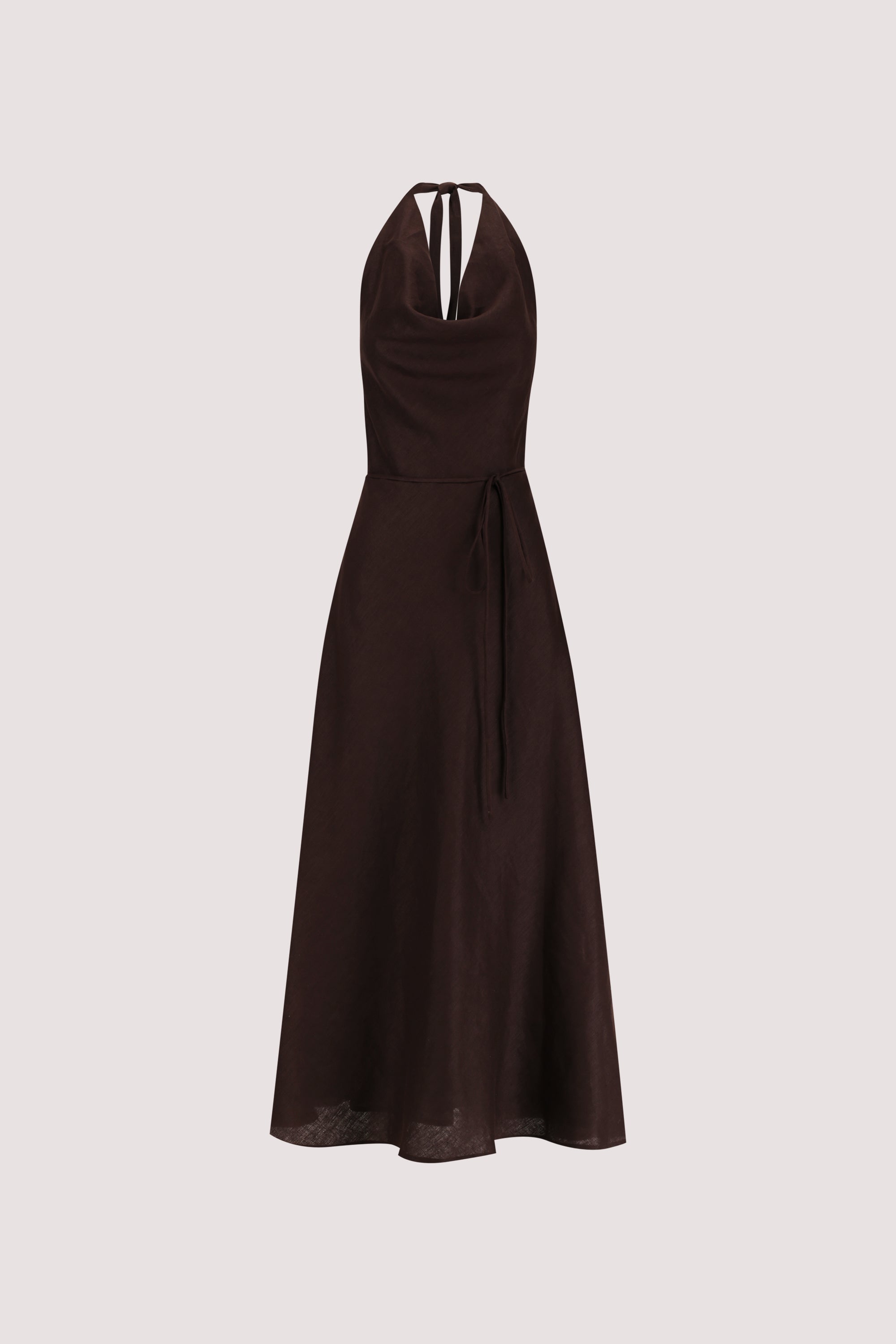 HAYLEE BURNT CHOC SLEEVELESS LINEN COWL MIDI DRESS