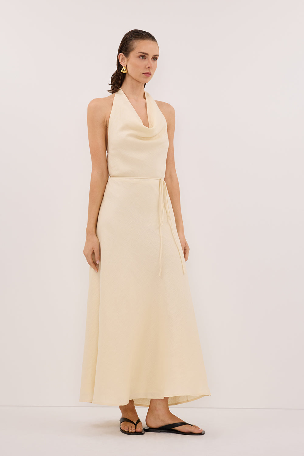 HAYLEE STRAW SLEEVELESS LINEN COWL MIDI DRESS