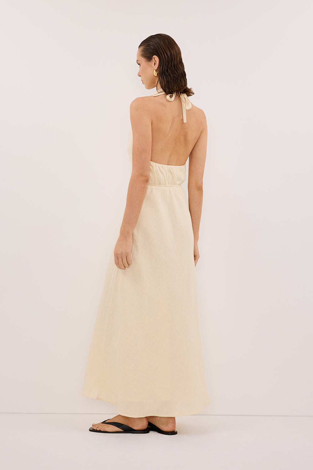 HAYLEE STRAW SLEEVELESS LINEN COWL MIDI DRESS