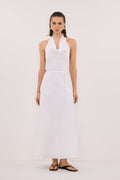 HAYLEE WHITE SLEEVELESS LINEN COWL MIDI DRESS