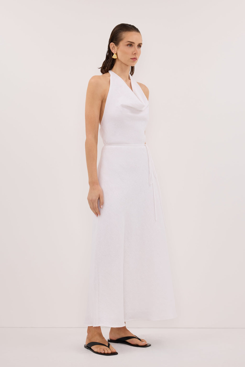 HAYLEE WHITE SLEEVELESS LINEN COWL MIDI DRESS