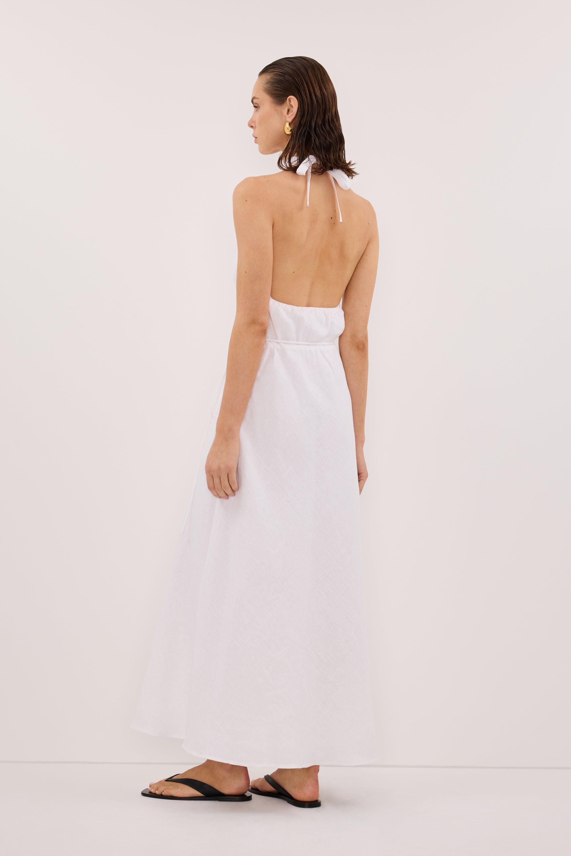 HAYLEE WHITE SLEEVELESS LINEN COWL MIDI DRESS