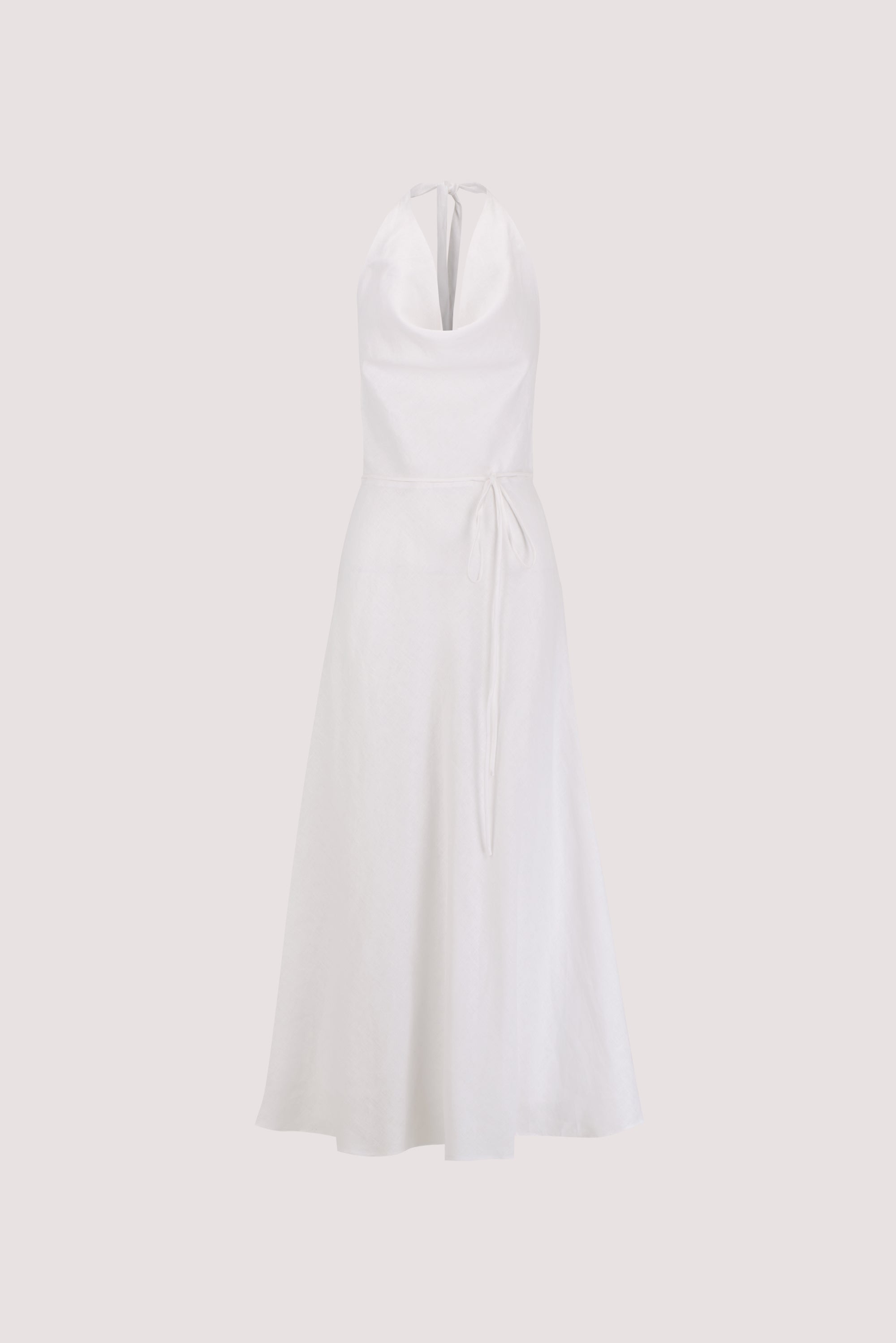 HAYLEE WHITE SLEEVELESS LINEN COWL MIDI DRESS