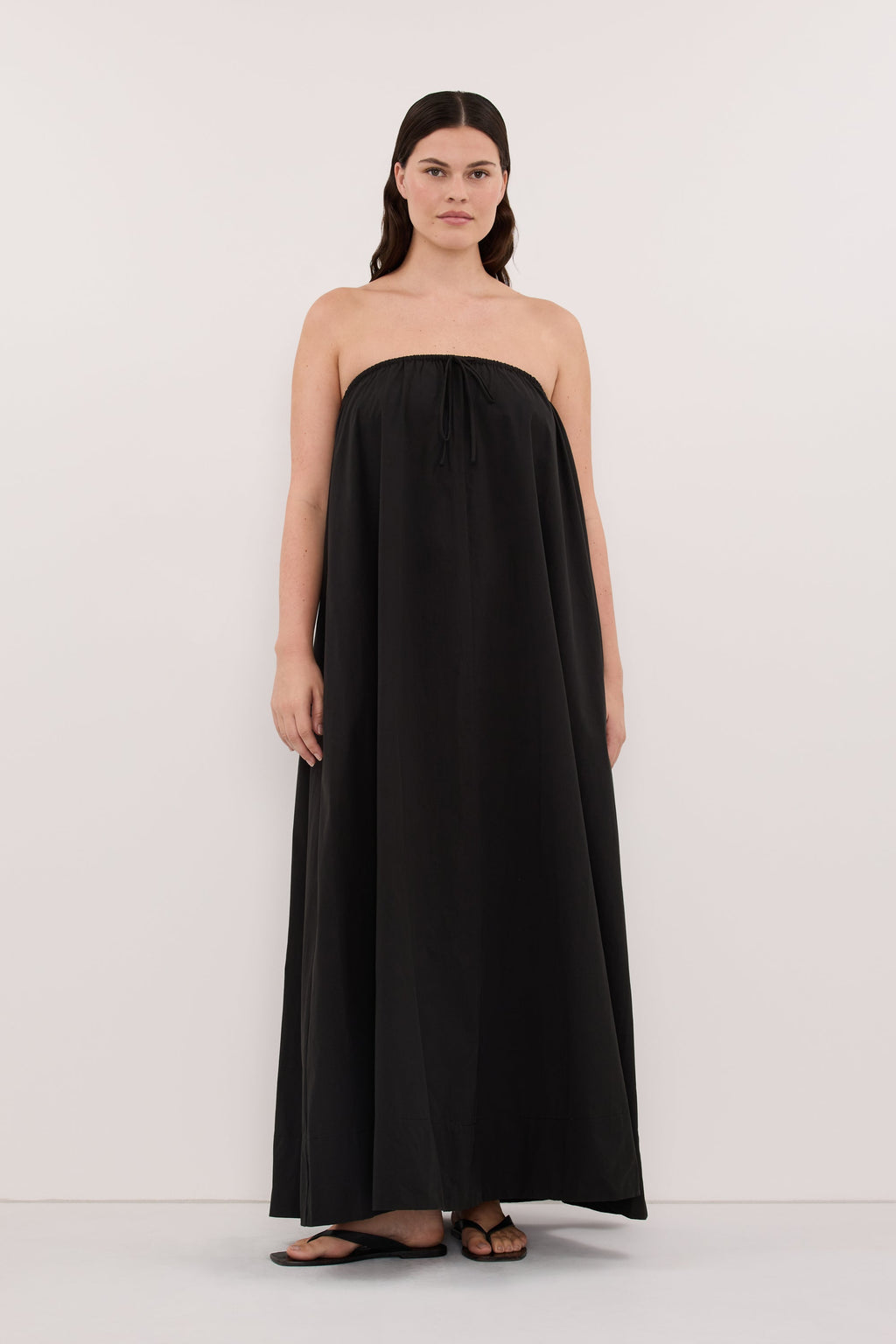 SOMMER BLACK STRAPLESS POPLIN MIDI DRESS
