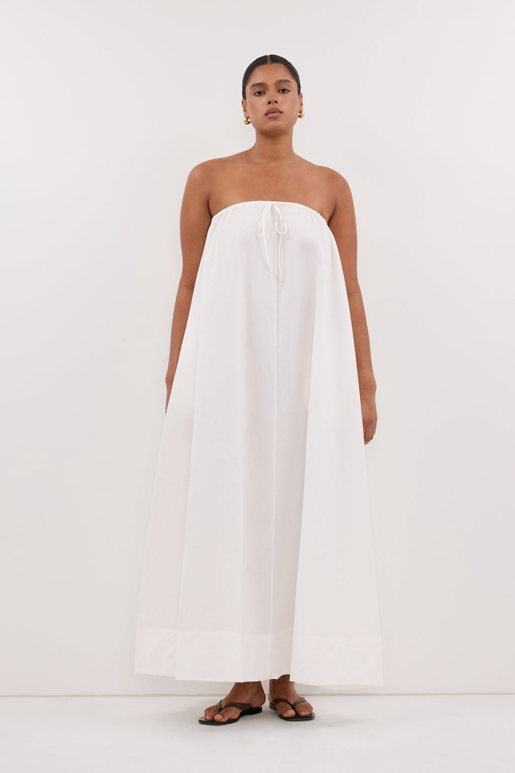 SOMMER WHITE STRAPLESS POPLIN MIDI DRESS