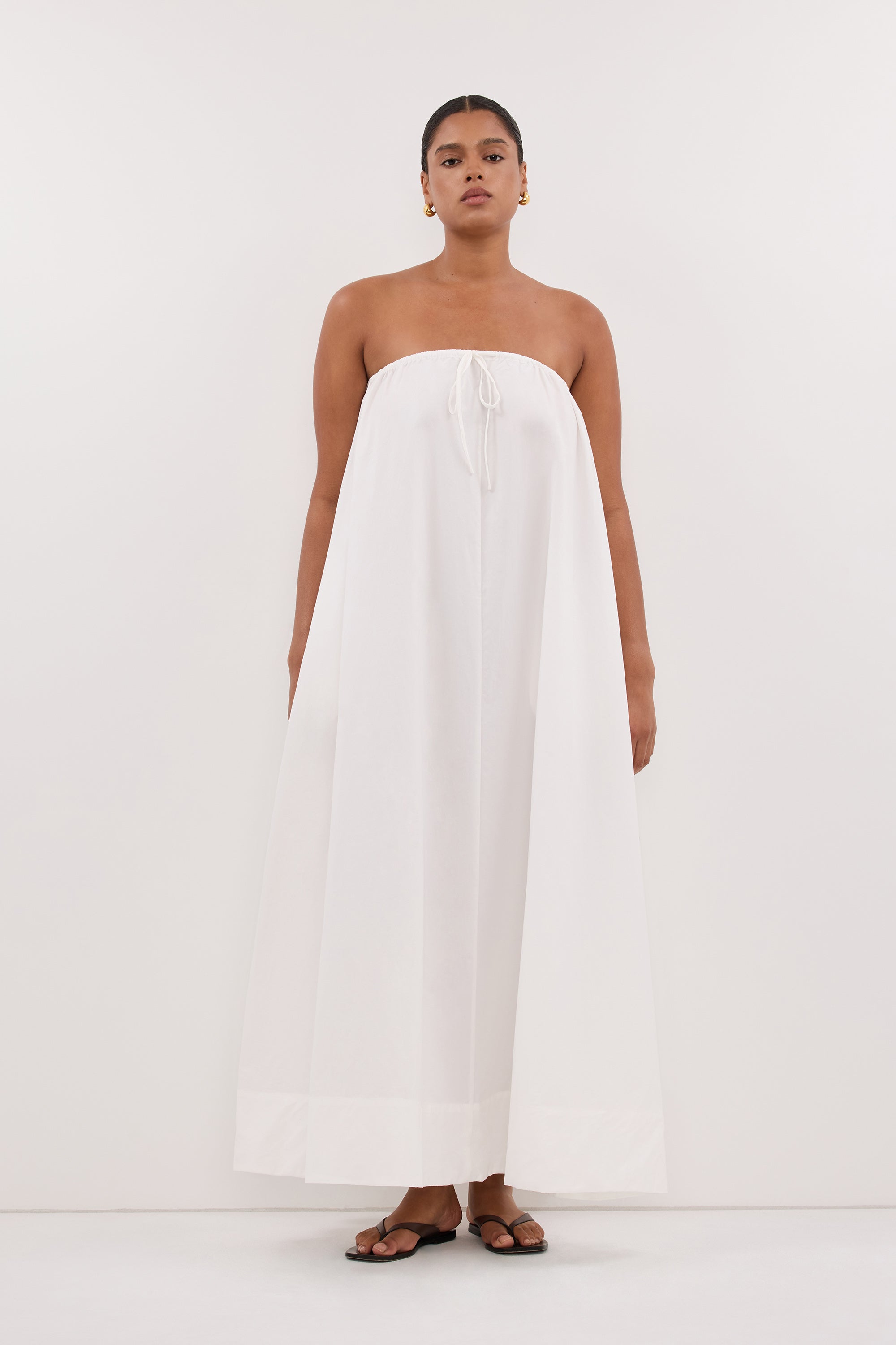 SOMMER WHITE STRAPLESS POPLIN MIDI DRESS