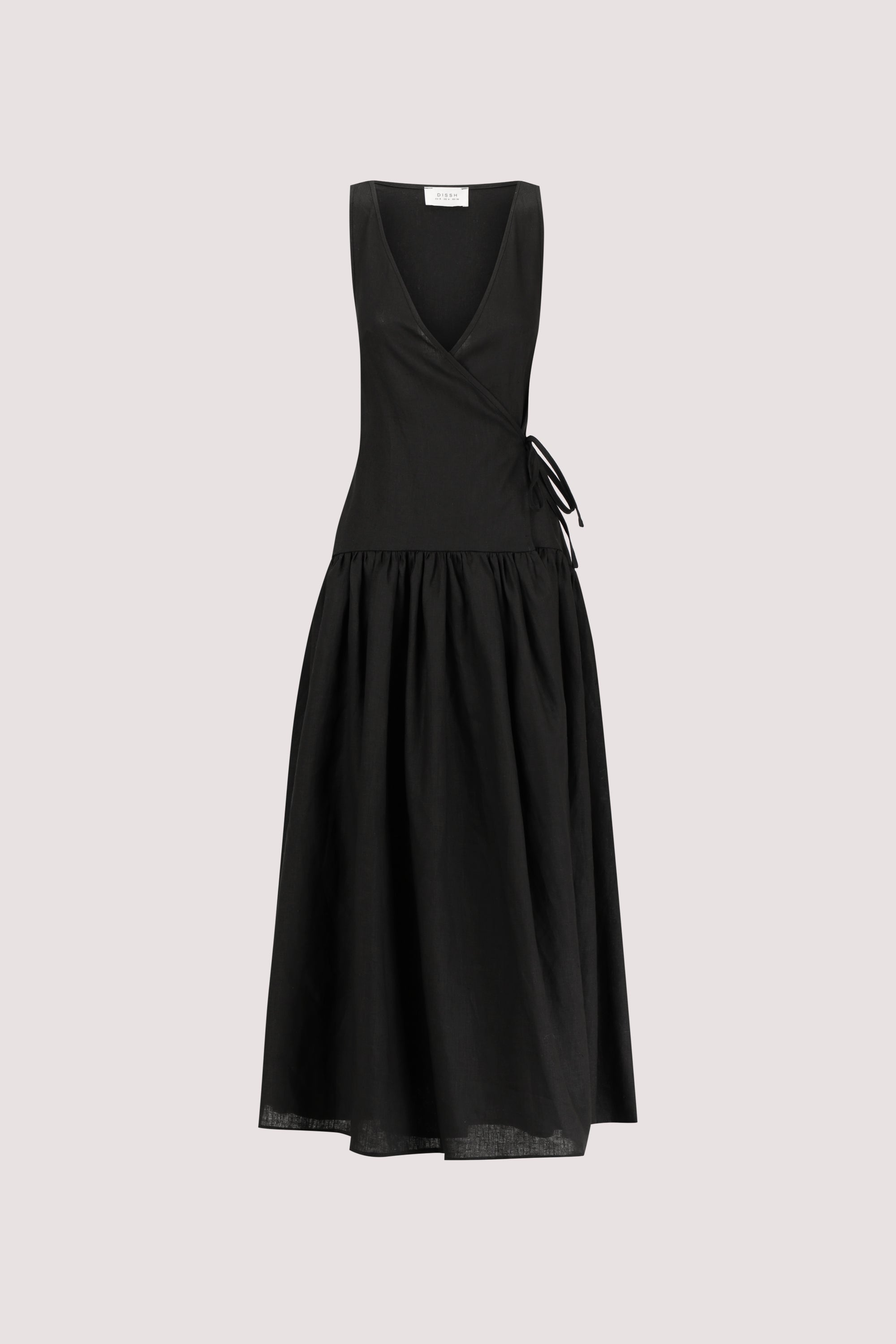 ILIO BLACK SLEEVELESS LINEN WRAP MIDI DRESS