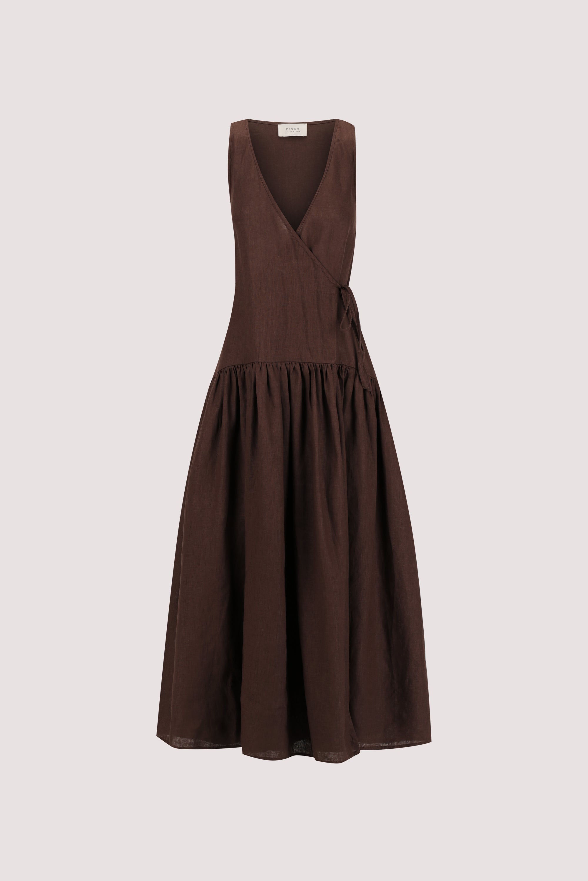 ILIO COCOA SLEEVELESS LINEN WRAP MIDI DRESS