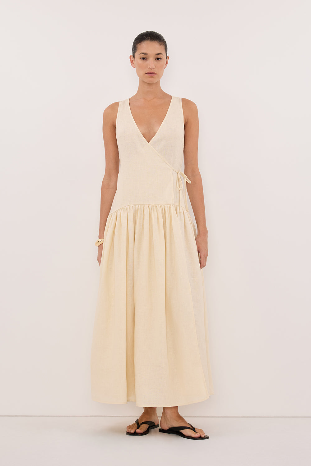 ILIO STRAW SLEEVELESS LINEN WRAP MIDI DRESS