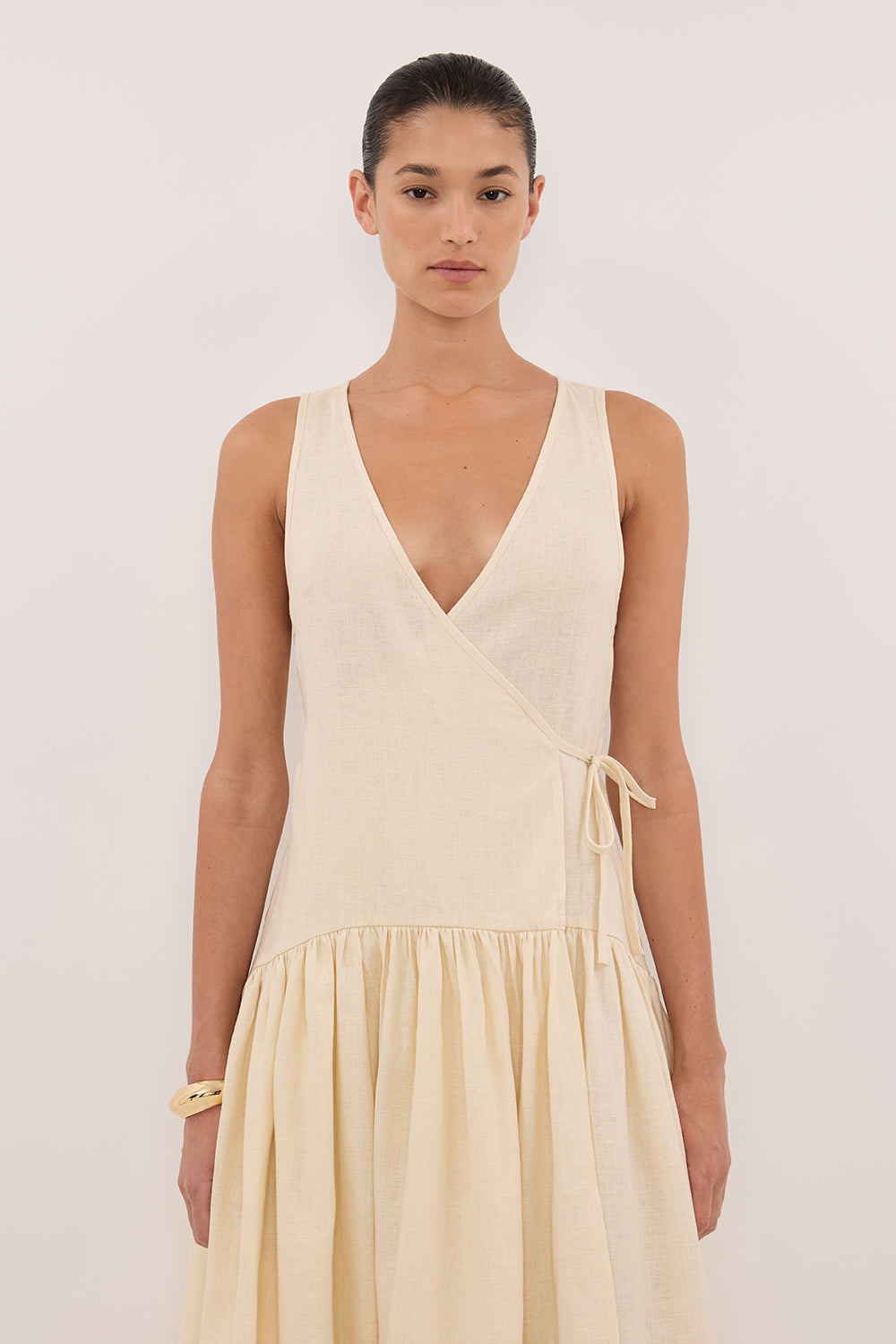 ILIO STRAW SLEEVELESS LINEN WRAP MIDI DRESS