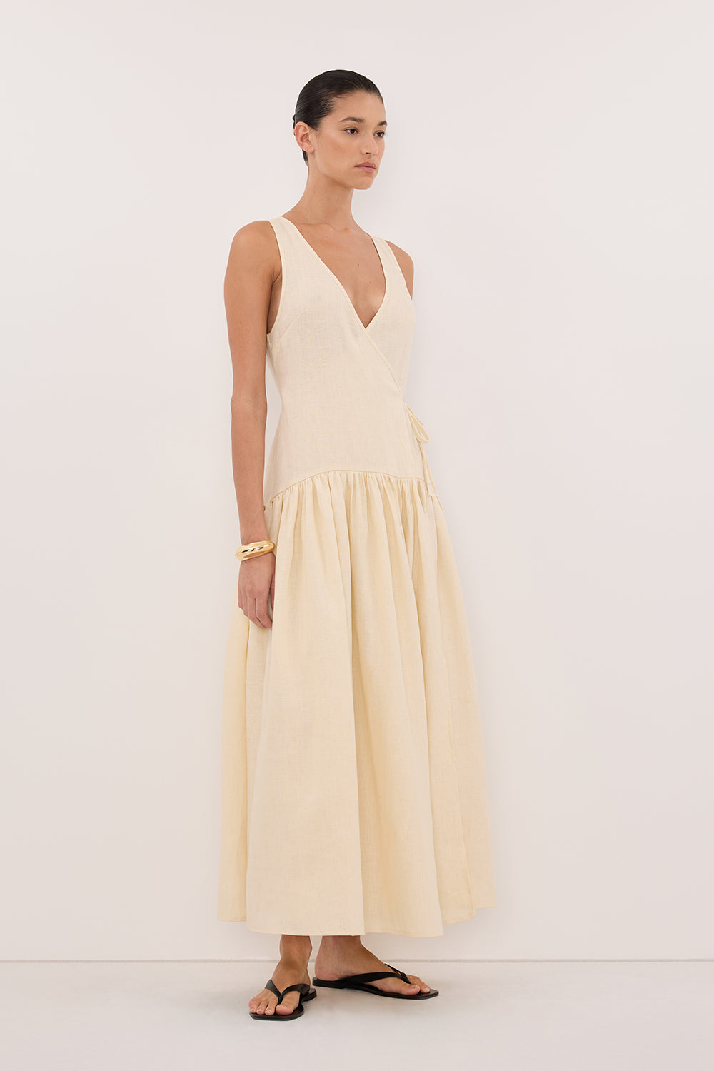ILIO STRAW SLEEVELESS LINEN WRAP MIDI DRESS