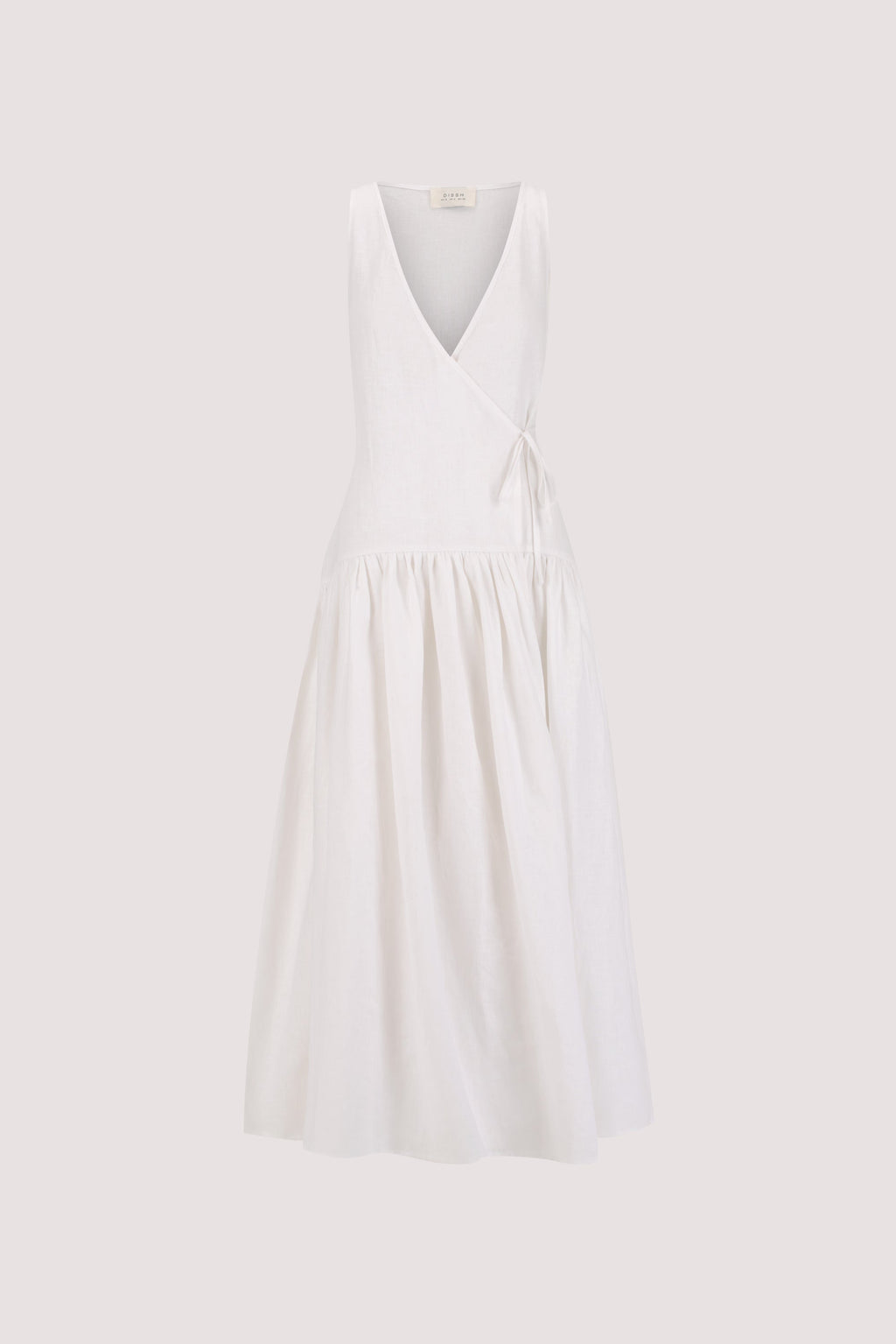 ILIO WHITE SLEEVELESS LINEN WRAP MIDI DRESS