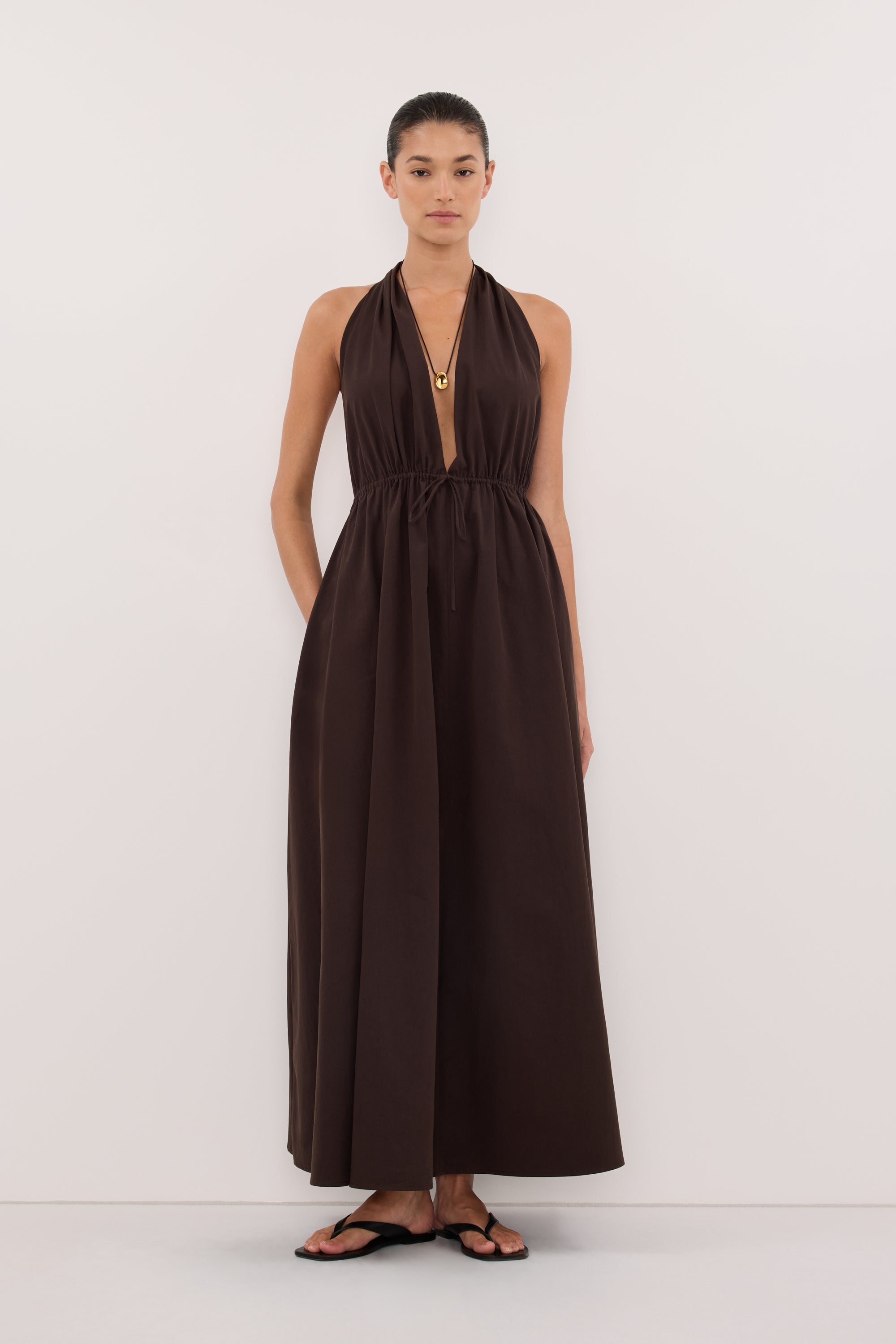 TAMMY BURNT CHOC SLEEVELESS COTTON MIDI DRESS