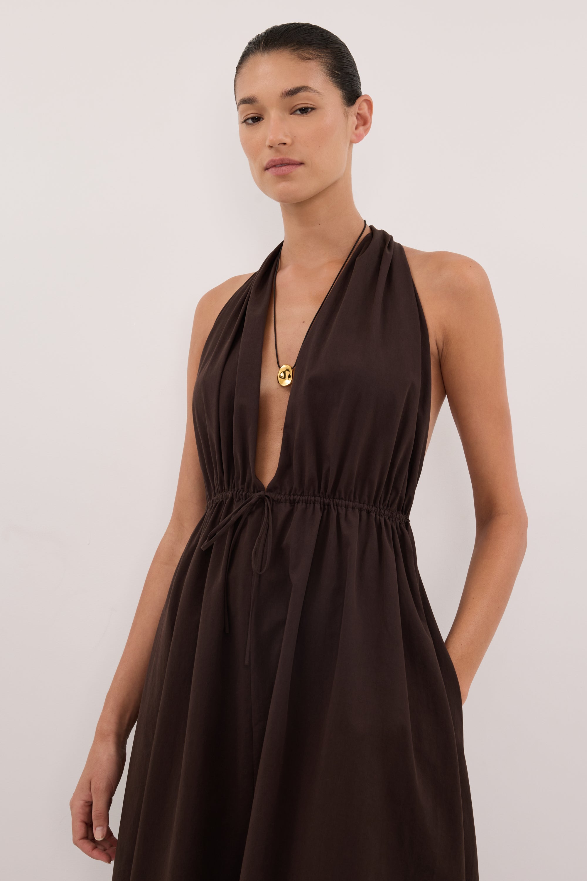 TAMMY BURNT CHOC SLEEVELESS COTTON MIDI DRESS