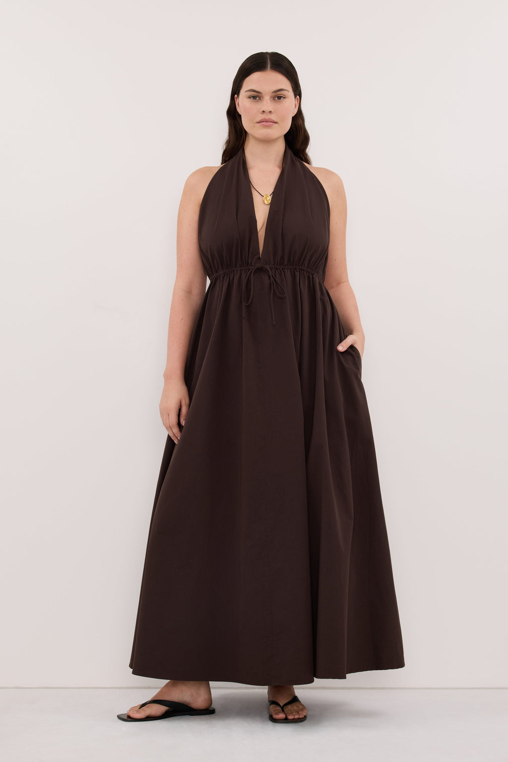 TAMMY BURNT CHOC SLEEVELESS COTTON MIDI DRESS