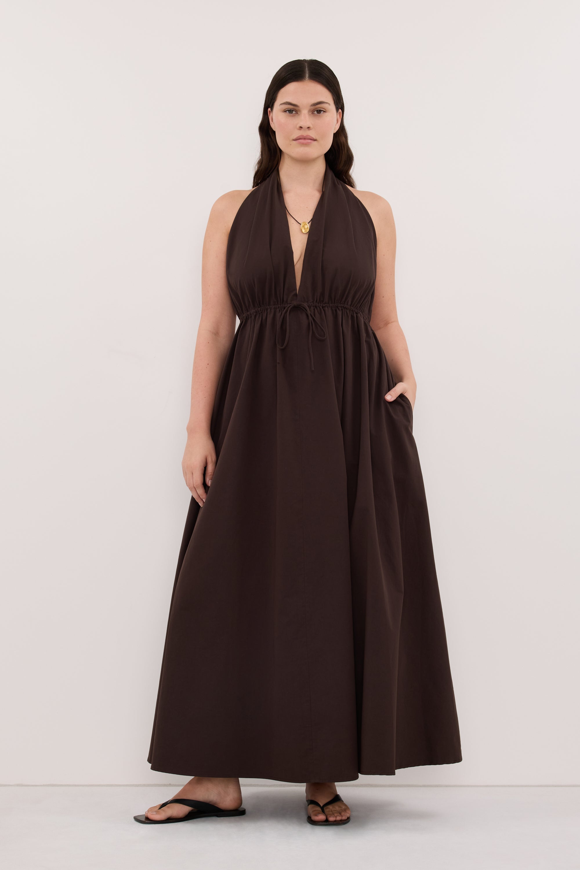 TAMMY BURNT CHOC SLEEVELESS COTTON MIDI DRESS