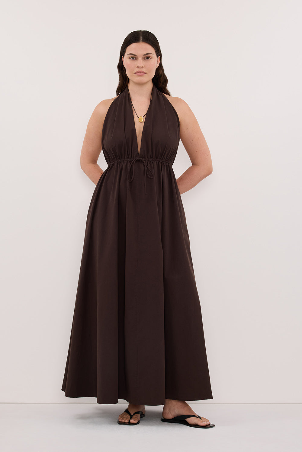 TAMMY BURNT CHOC SLEEVELESS COTTON MIDI DRESS