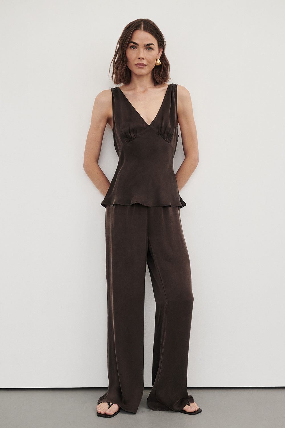 JORJA BITTER CHOC SLEEVELESS SILK TOP