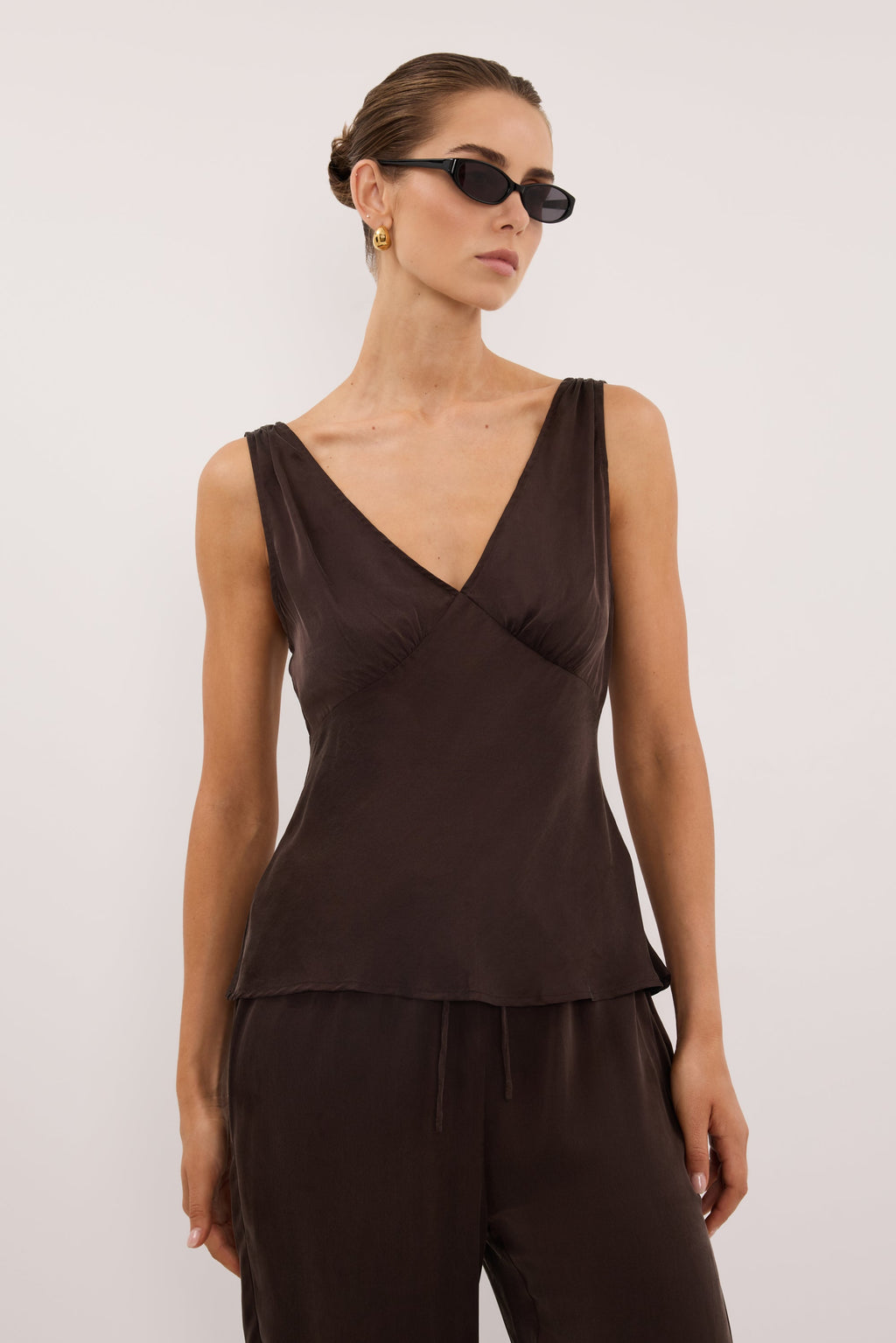 JORJA BITTER CHOC SLEEVELESS SILK TOP