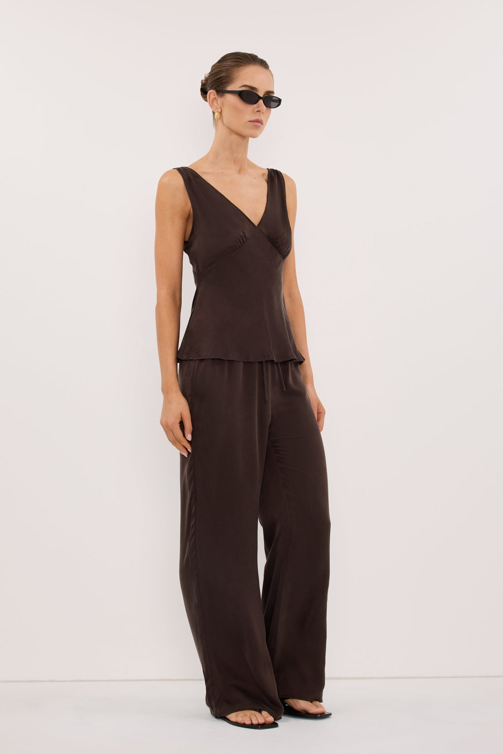 JORJA BITTER CHOC SLEEVELESS SILK TOP