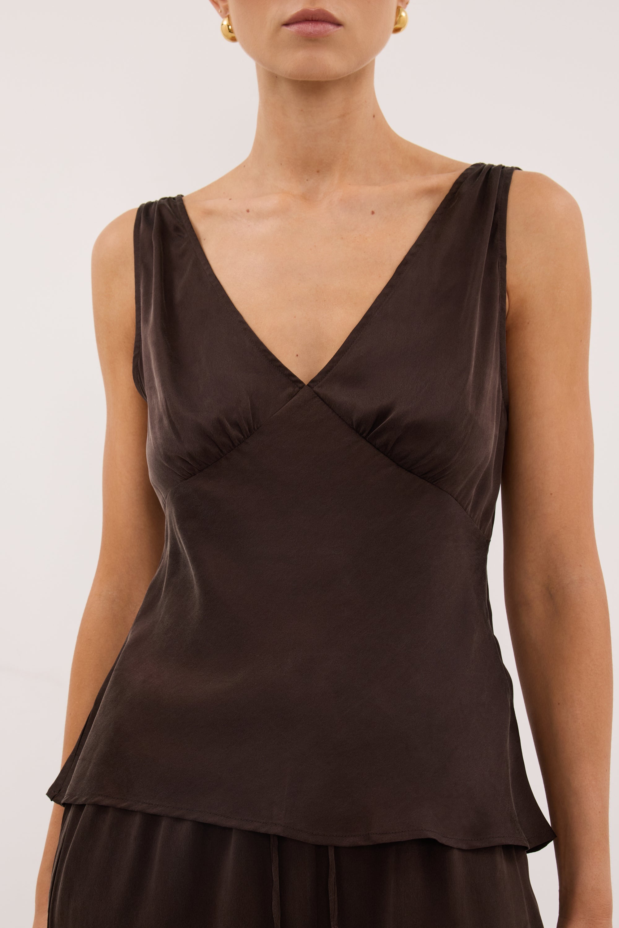 JORJA BITTER CHOC SLEEVELESS SILK TOP