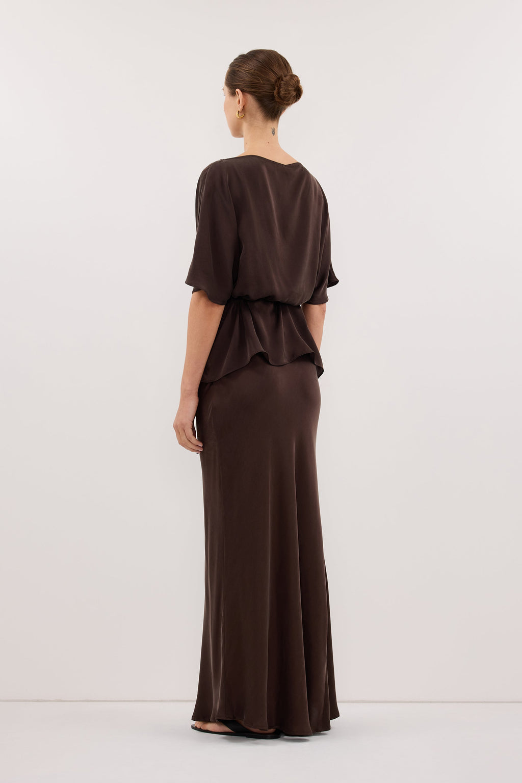 CORY BITTER CHOC SILK ASYM BATWING TOP