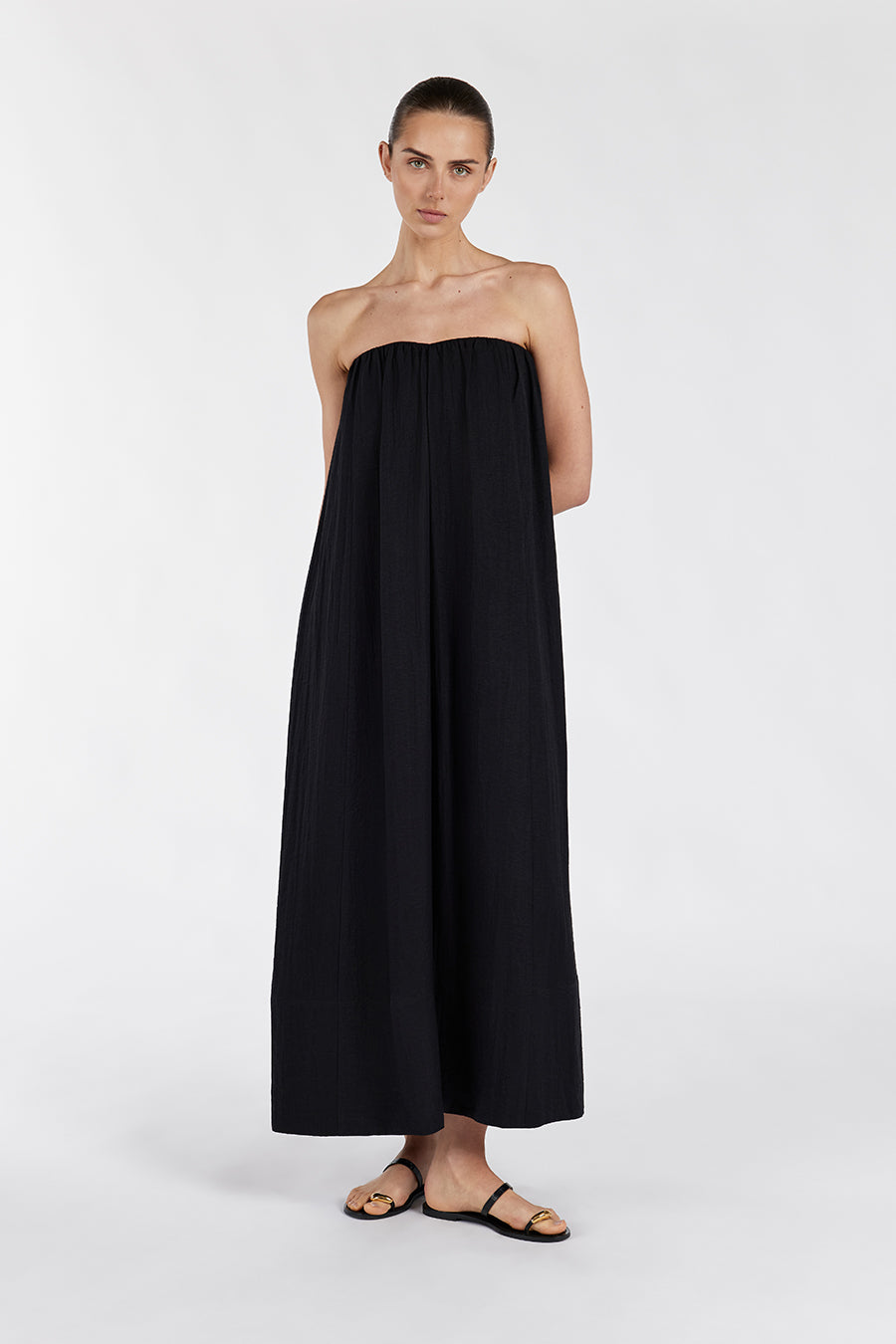 SHANIYA BLACK STRAPLESS MIDI DRESS