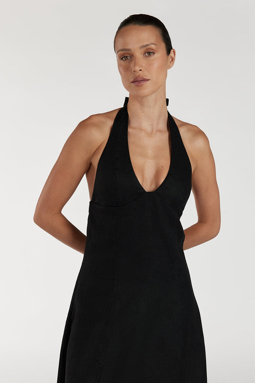 AUDREY BLACK HALTER LINEN MIDI DRESS