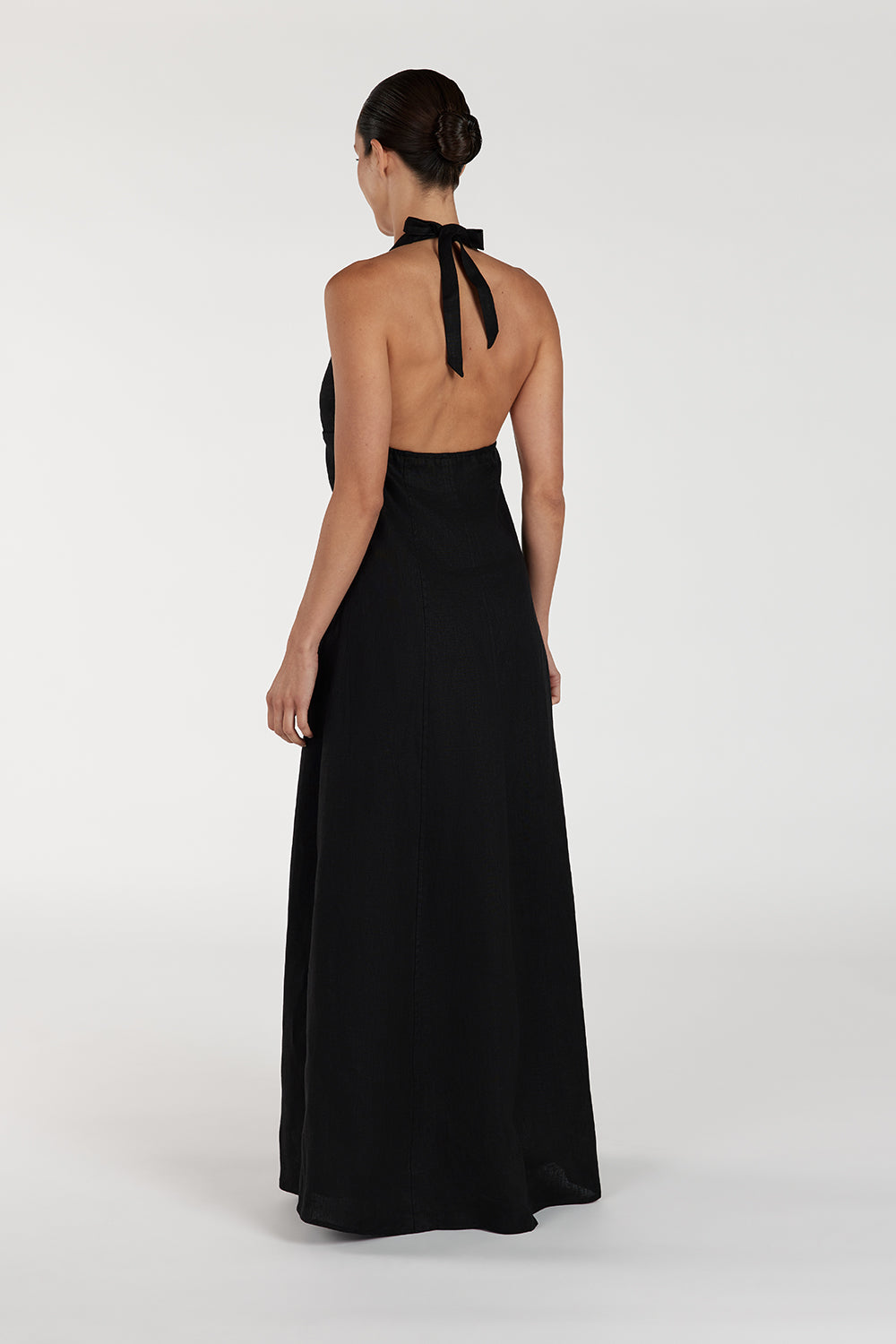 AUDREY BLACK HALTER LINEN MIDI DRESS