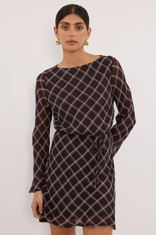 ARLINGTON CHOC LONG SLEEVE BOAT NECK MINI DRESS