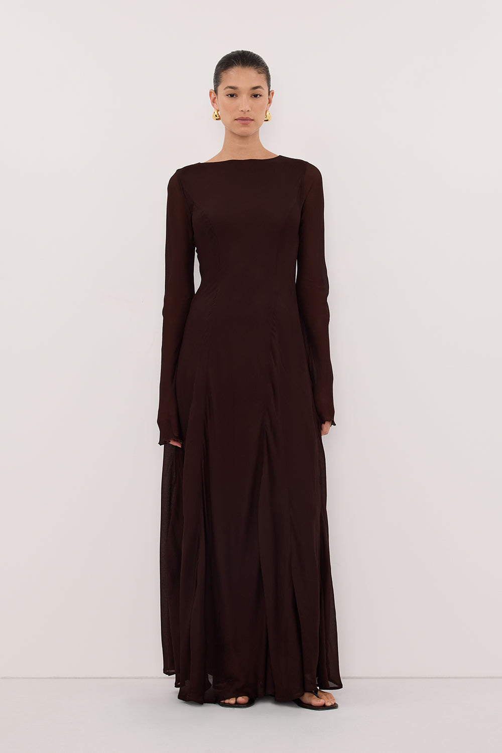 ELODIE DARK CHOC LONG SLEEVE MAXI DRESS