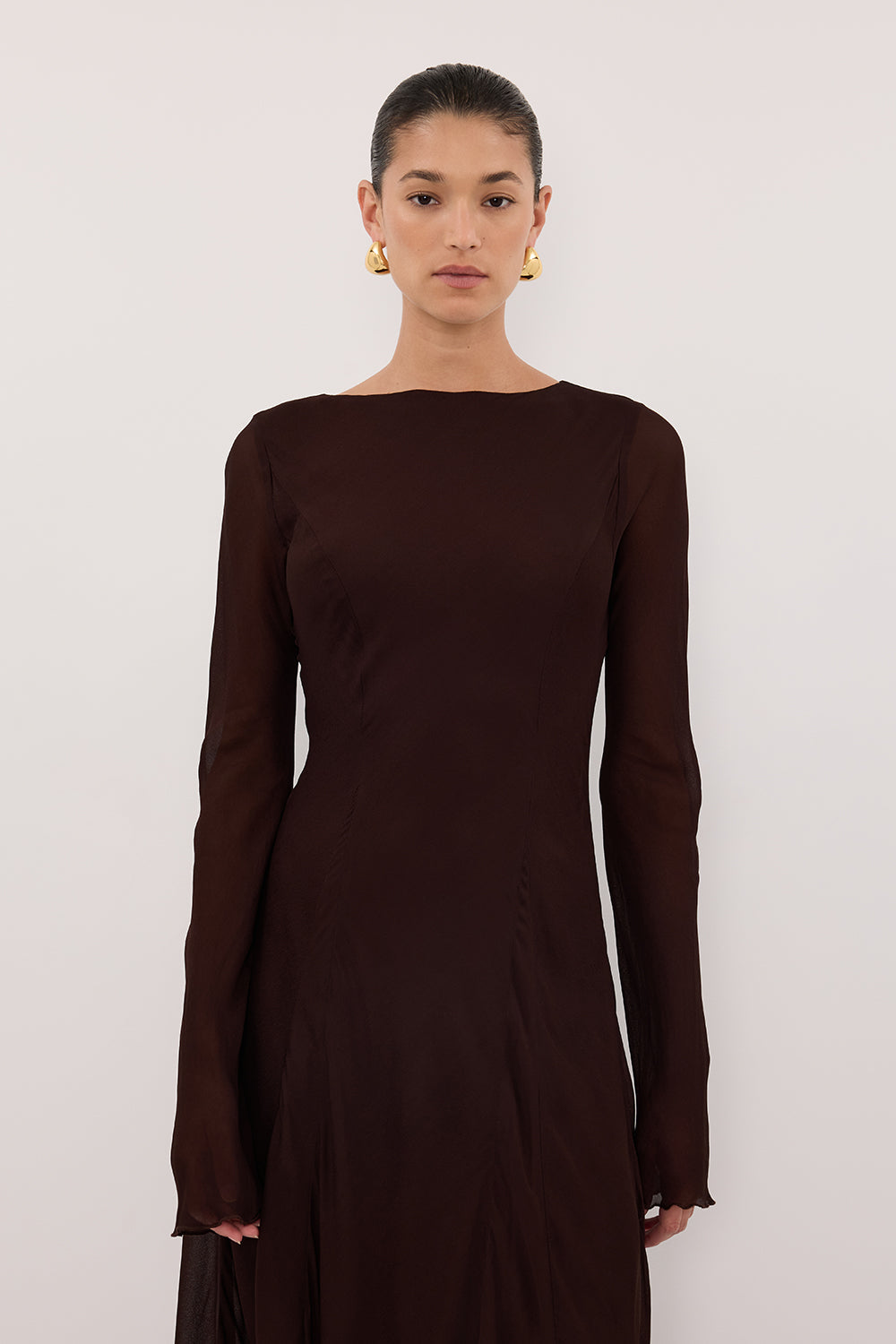 ELODIE DARK CHOC LONG SLEEVE MAXI DRESS
