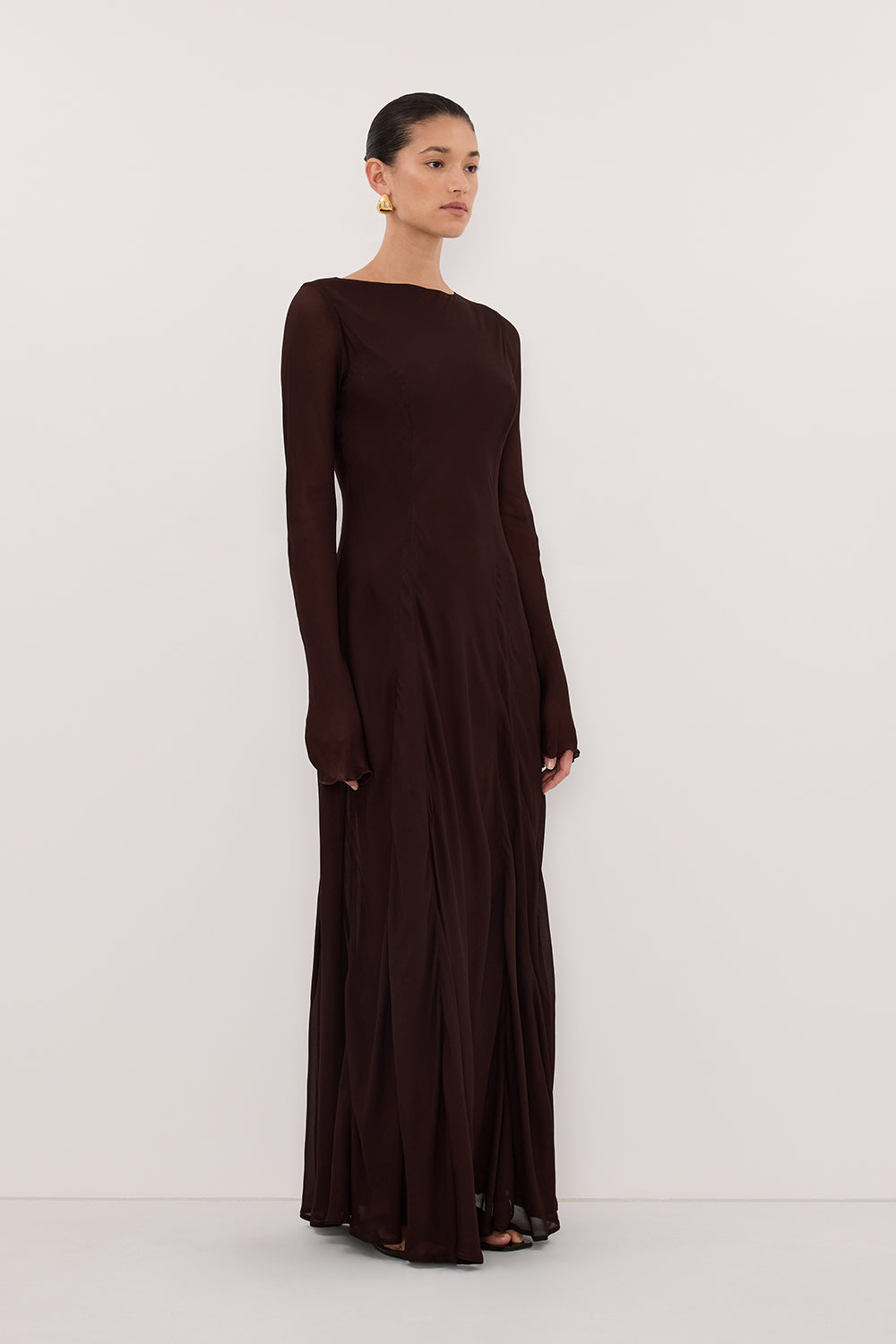 ELODIE DARK CHOC LONG SLEEVE MAXI DRESS