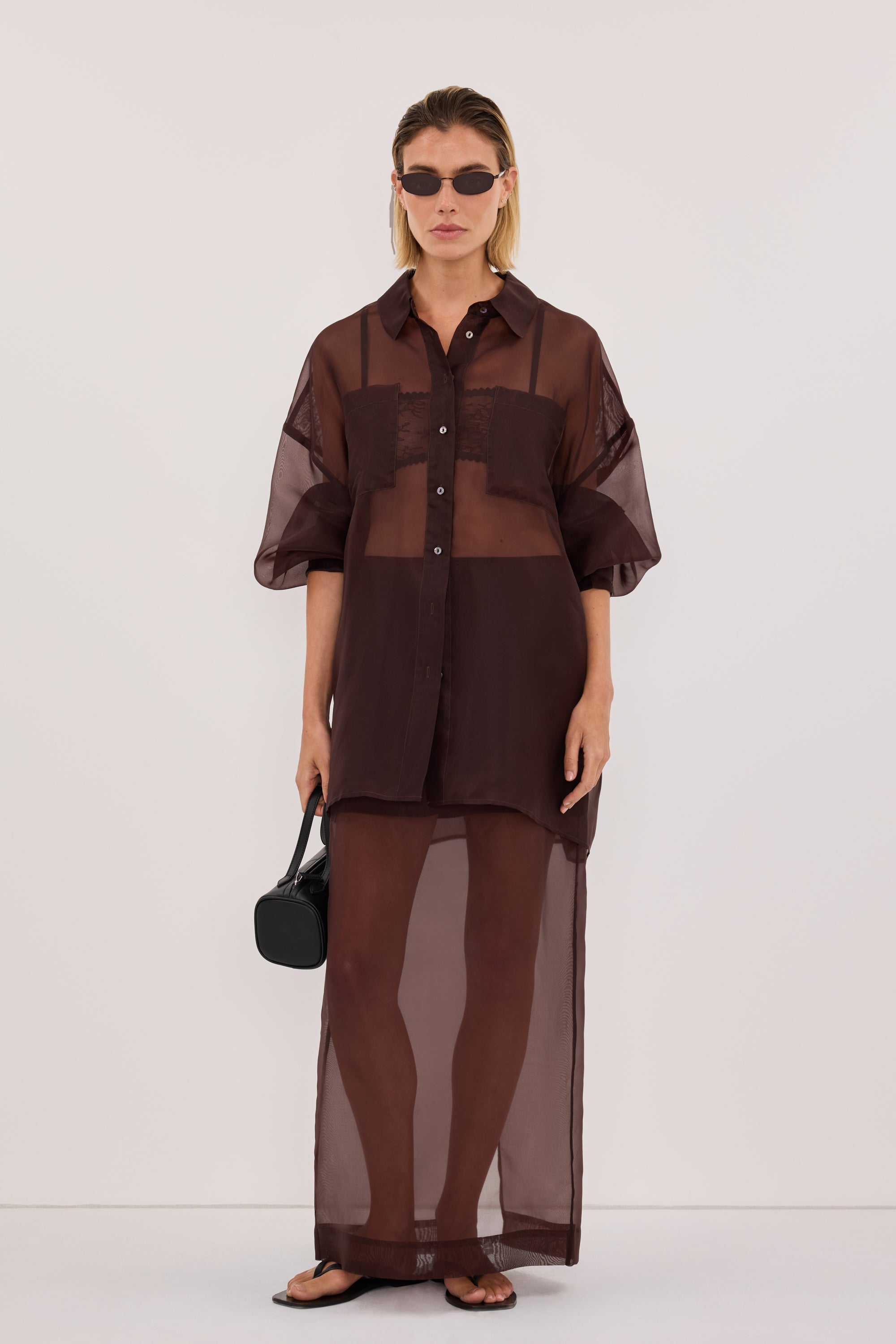 SIAN DARK CHOC SILK ORGANZA SHIRT
