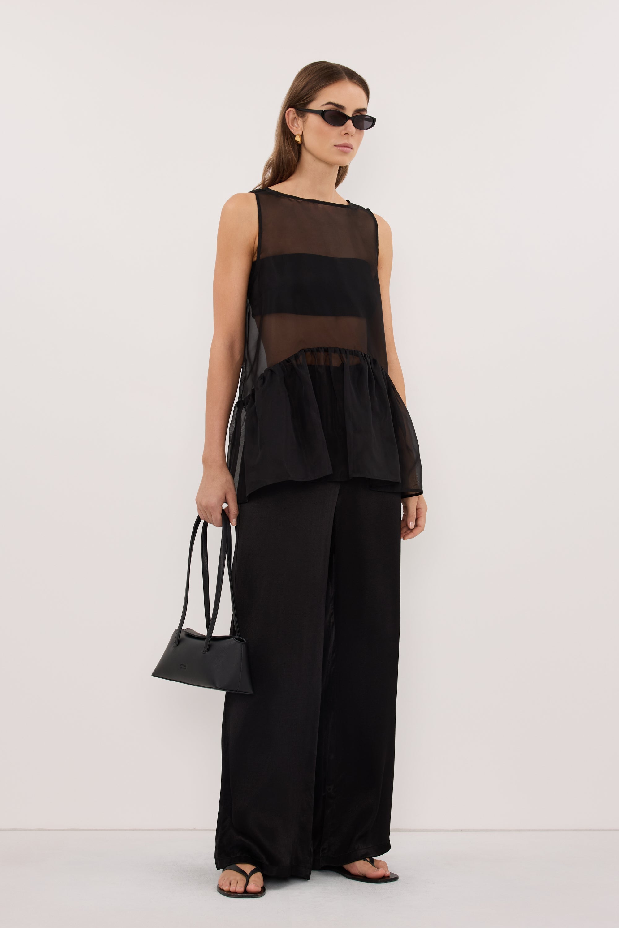 SIAN BLACK SILK ORGANZA DROP WAIST TOP