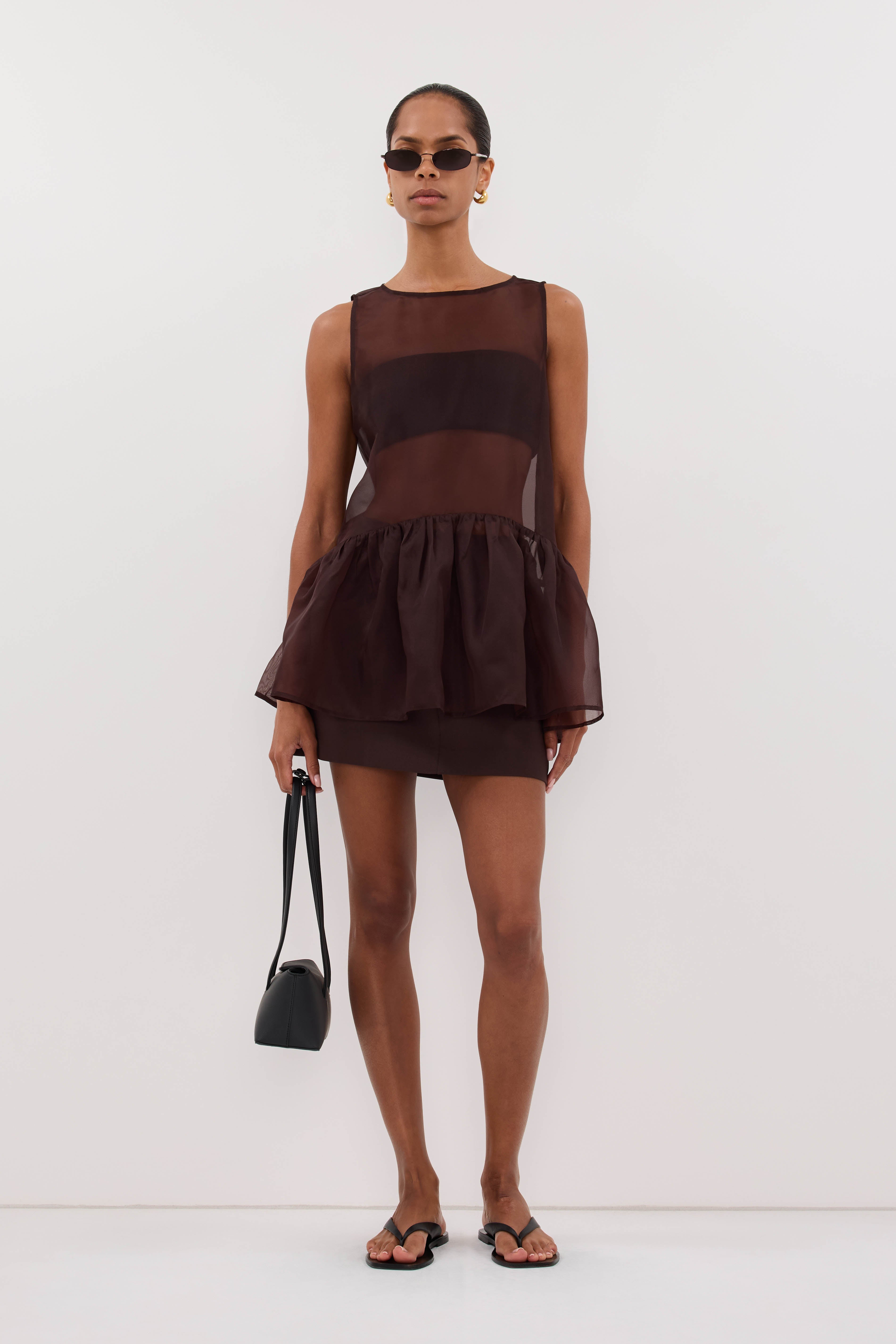 SIAN DARK CHOC SILK ORGANZA DROP WAIST TOP