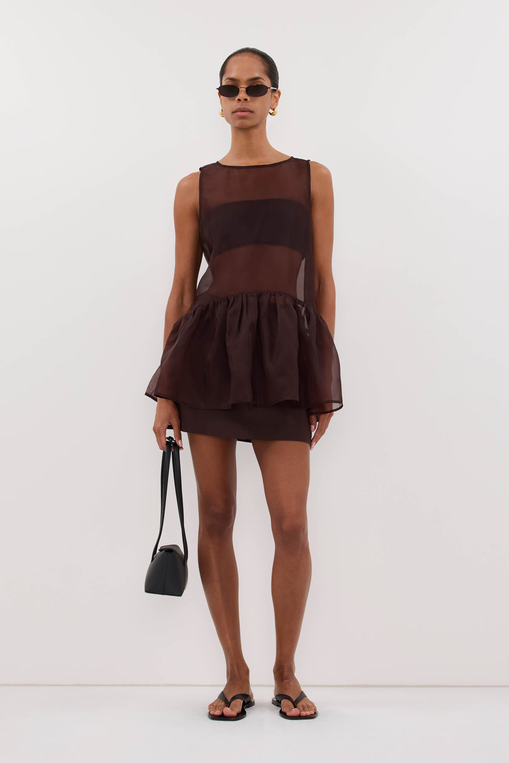 SIAN DARK CHOC SILK ORGANZA DROP WAIST TOP