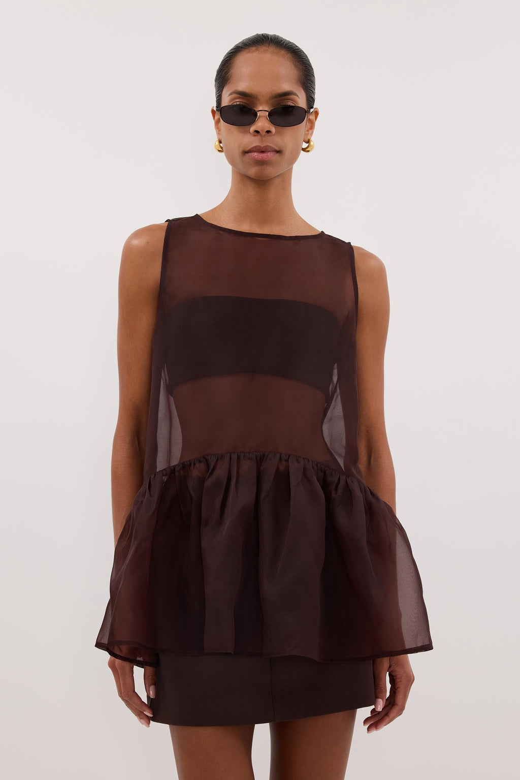 SIAN DARK CHOC SILK ORGANZA DROP WAIST TOP