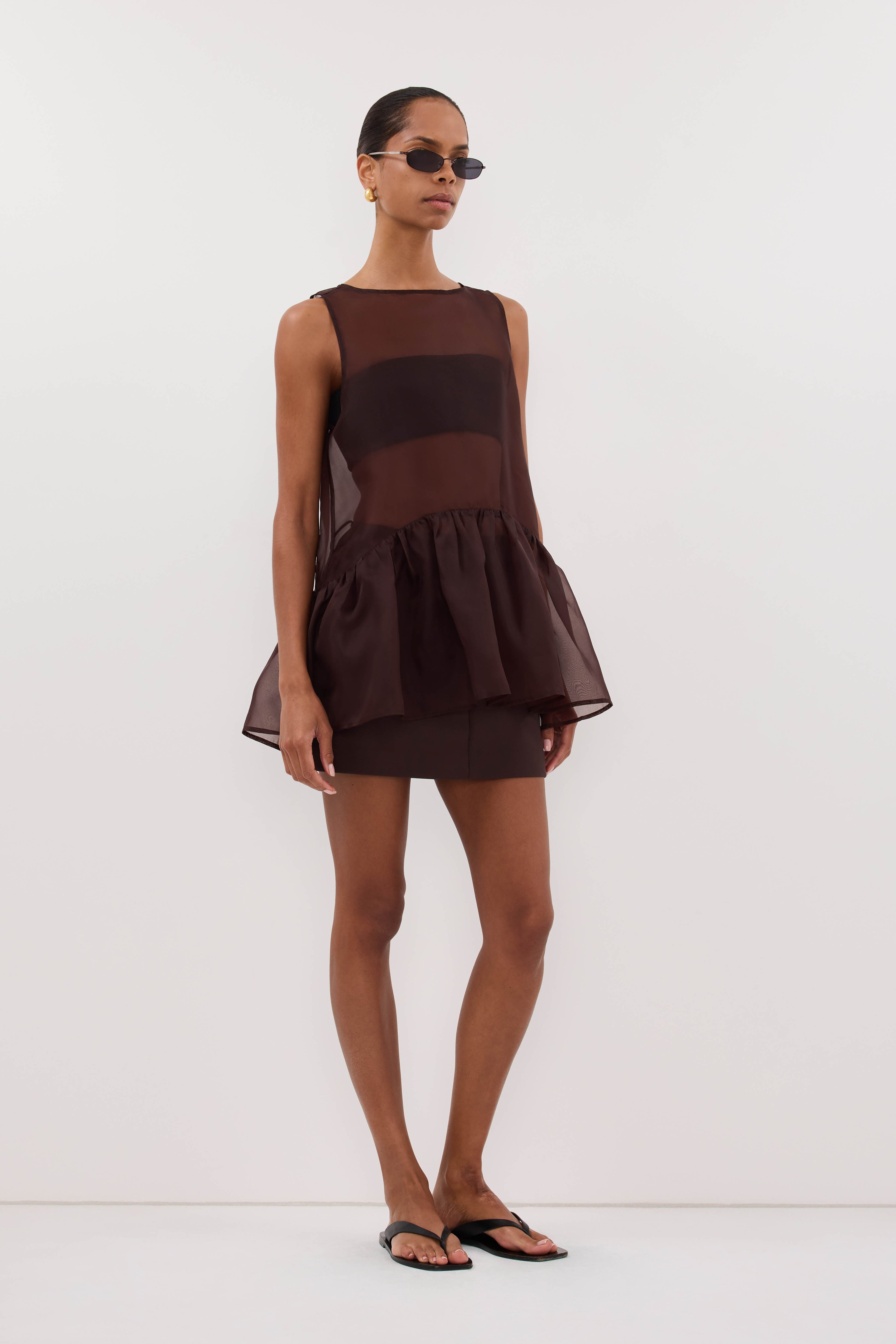 SIAN DARK CHOC SILK ORGANZA DROP WAIST TOP