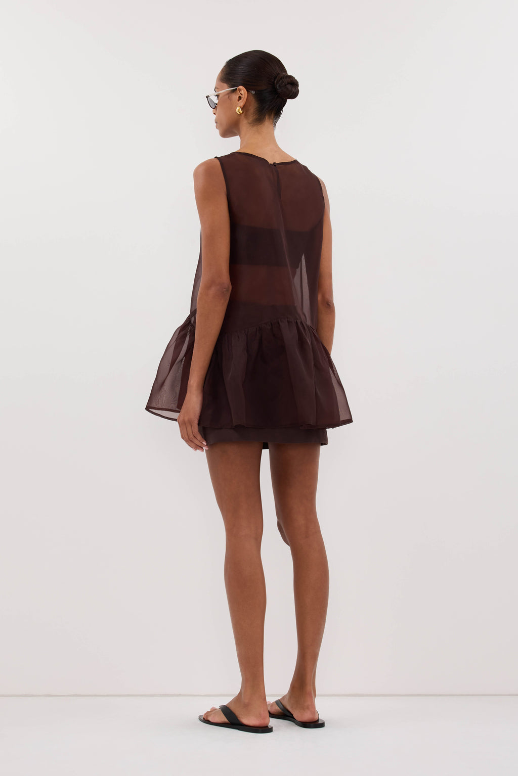 SIAN DARK CHOC SILK ORGANZA DROP WAIST TOP