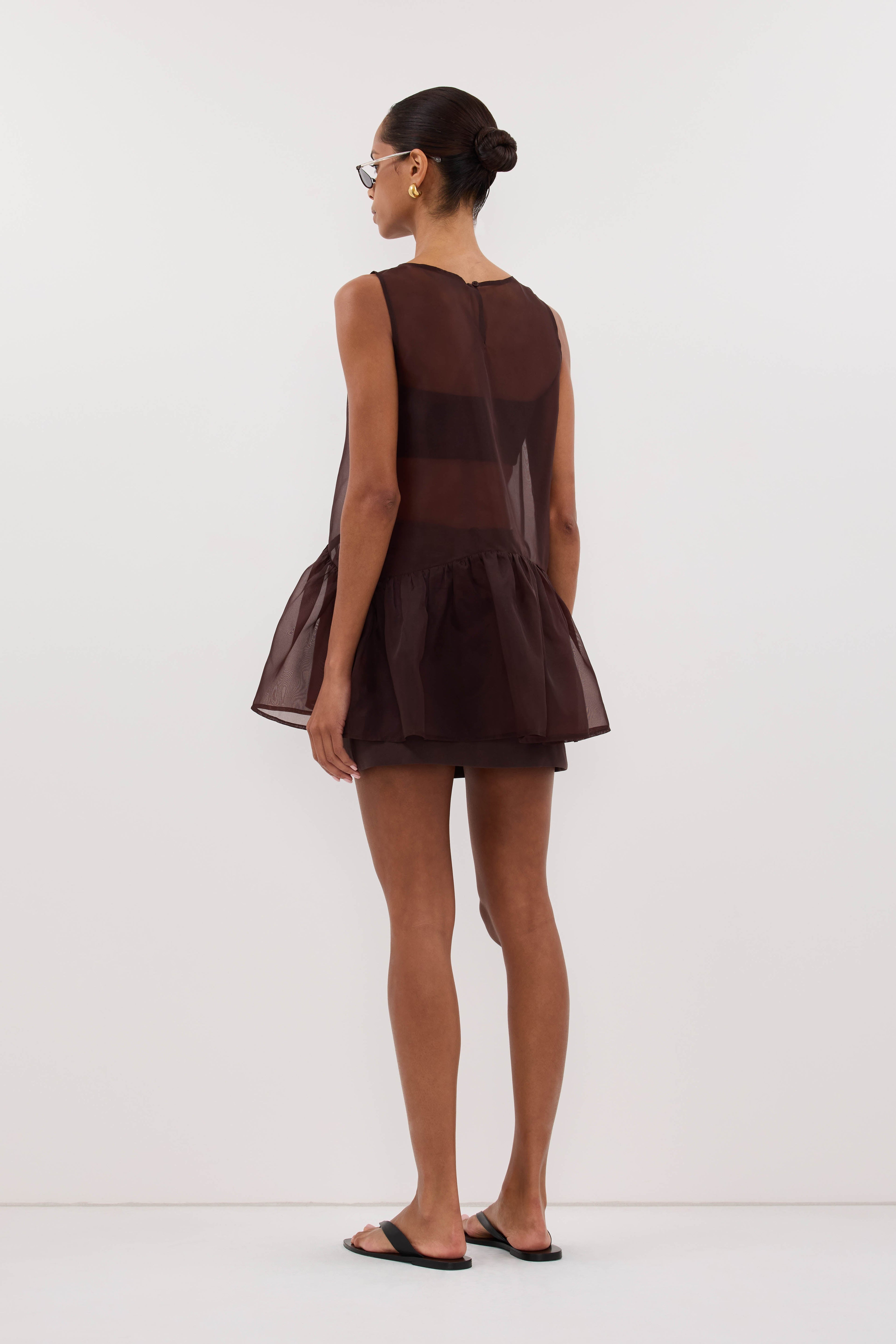 SIAN DARK CHOC SILK ORGANZA DROP WAIST TOP