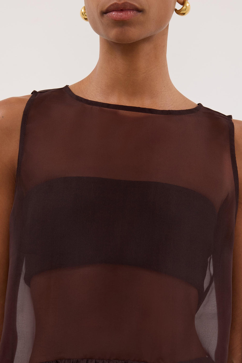 SIAN DARK CHOC SILK ORGANZA DROP WAIST TOP