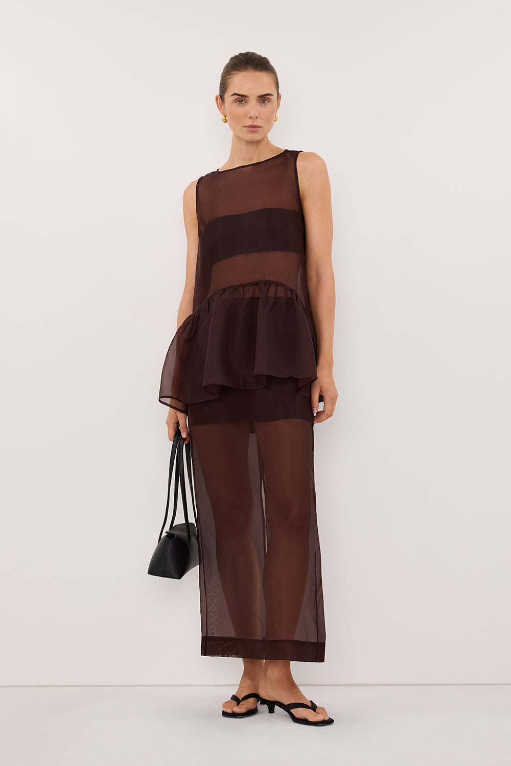 SIAN DARK CHOC SILK ORGANZA DROP WAIST TOP