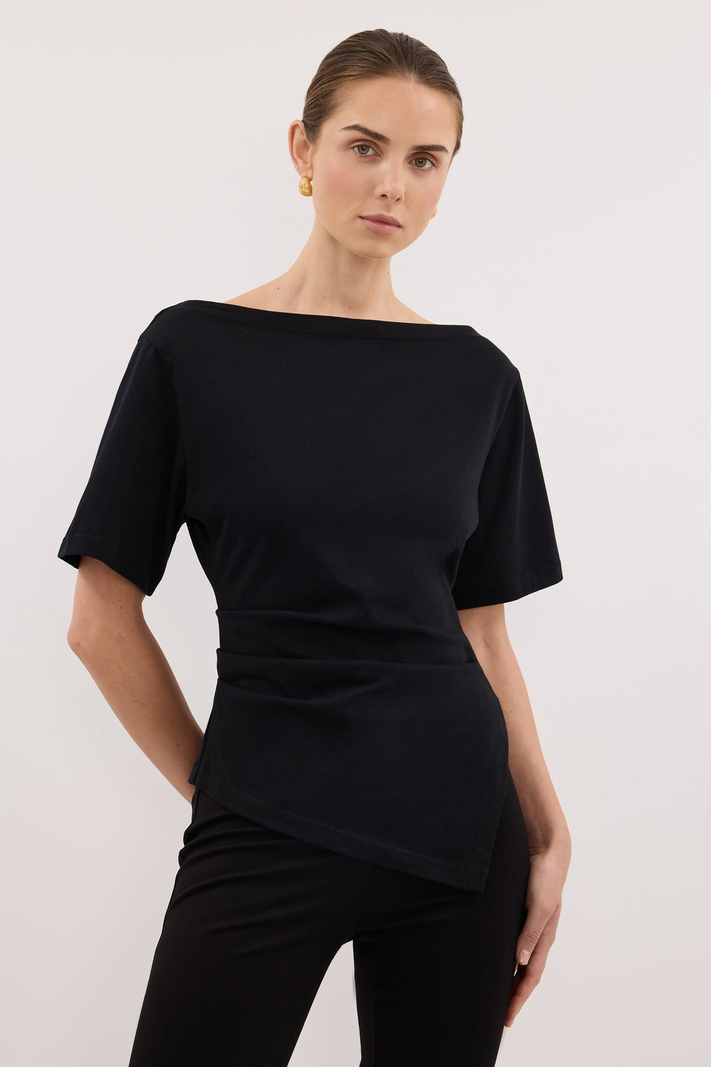 SWANN BLACK ASYM BOAT NECK TEE