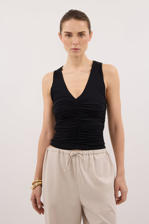 AVELIN BLACK RUCHED V NECK KNIT TOP