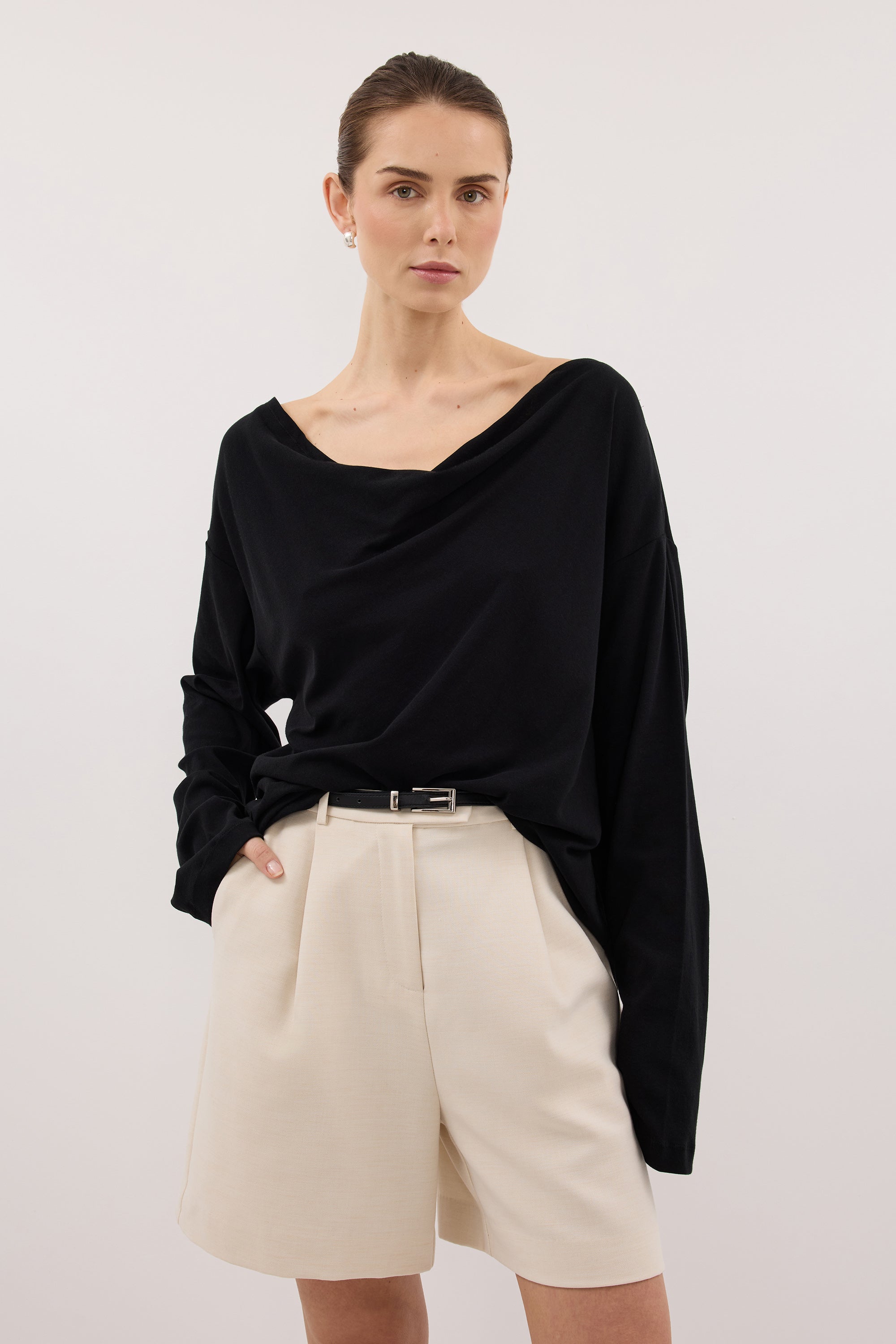 ORELIA BLACK COWL NECK SLEEVED TOP