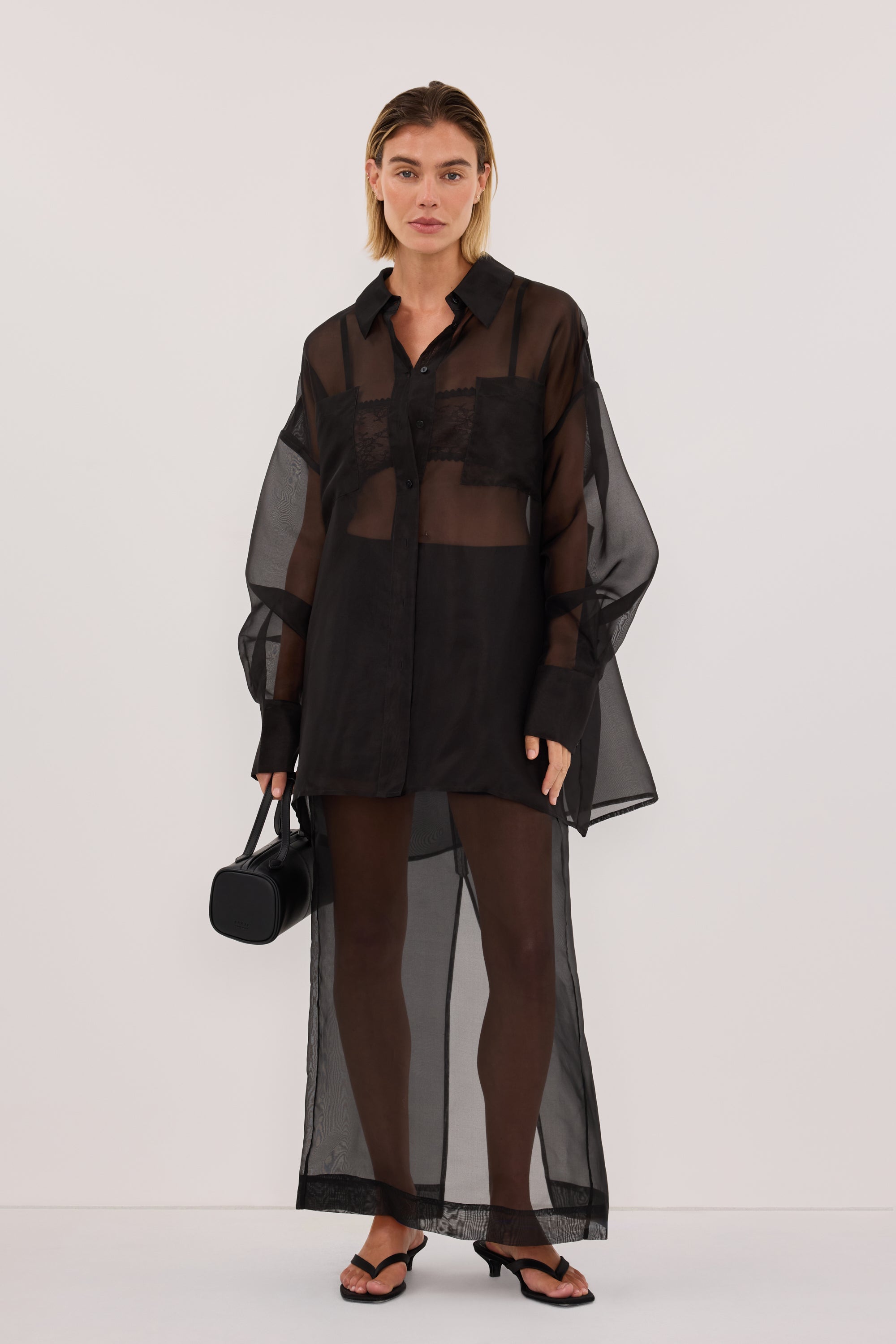 SIAN BLACK SILK ORGANZA MIDI SKIRT
