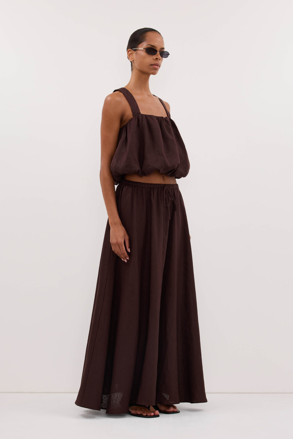 RAVELLO BURNT CHOC LINEN MIDI SKIRT