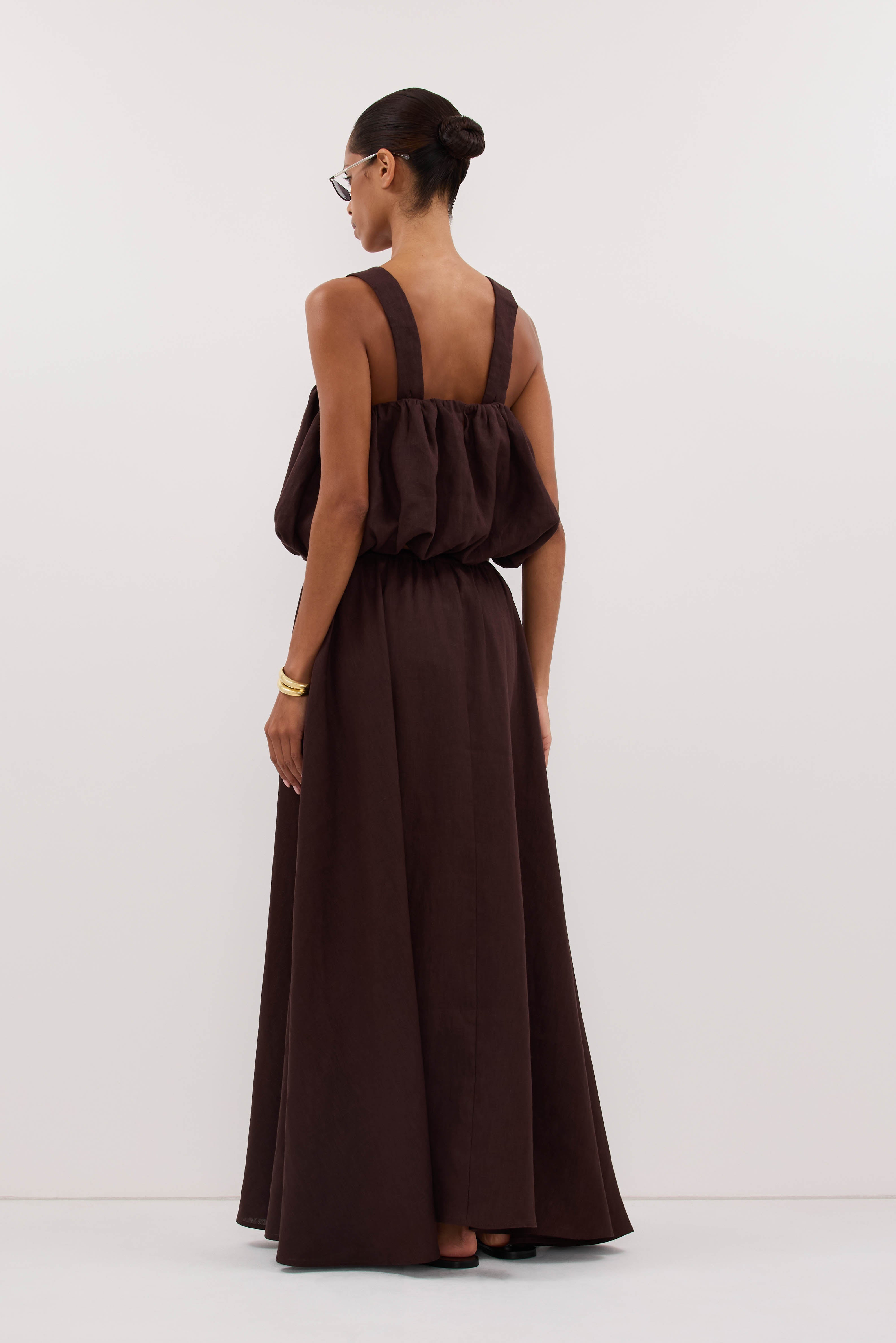 RAVELLO BURNT CHOC LINEN MIDI SKIRT